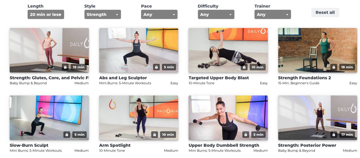 Daily Burn exercise filter by workout type, duration and intensity for women over 40