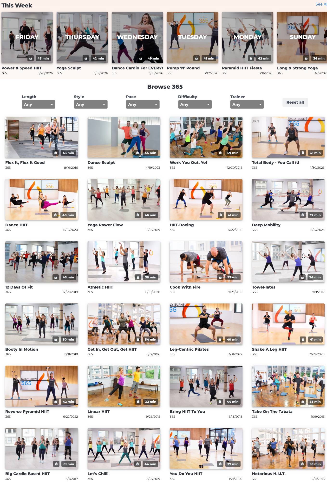 Daily Burn weekly workout schedule showing upcoming planned sessions on the fitness platform