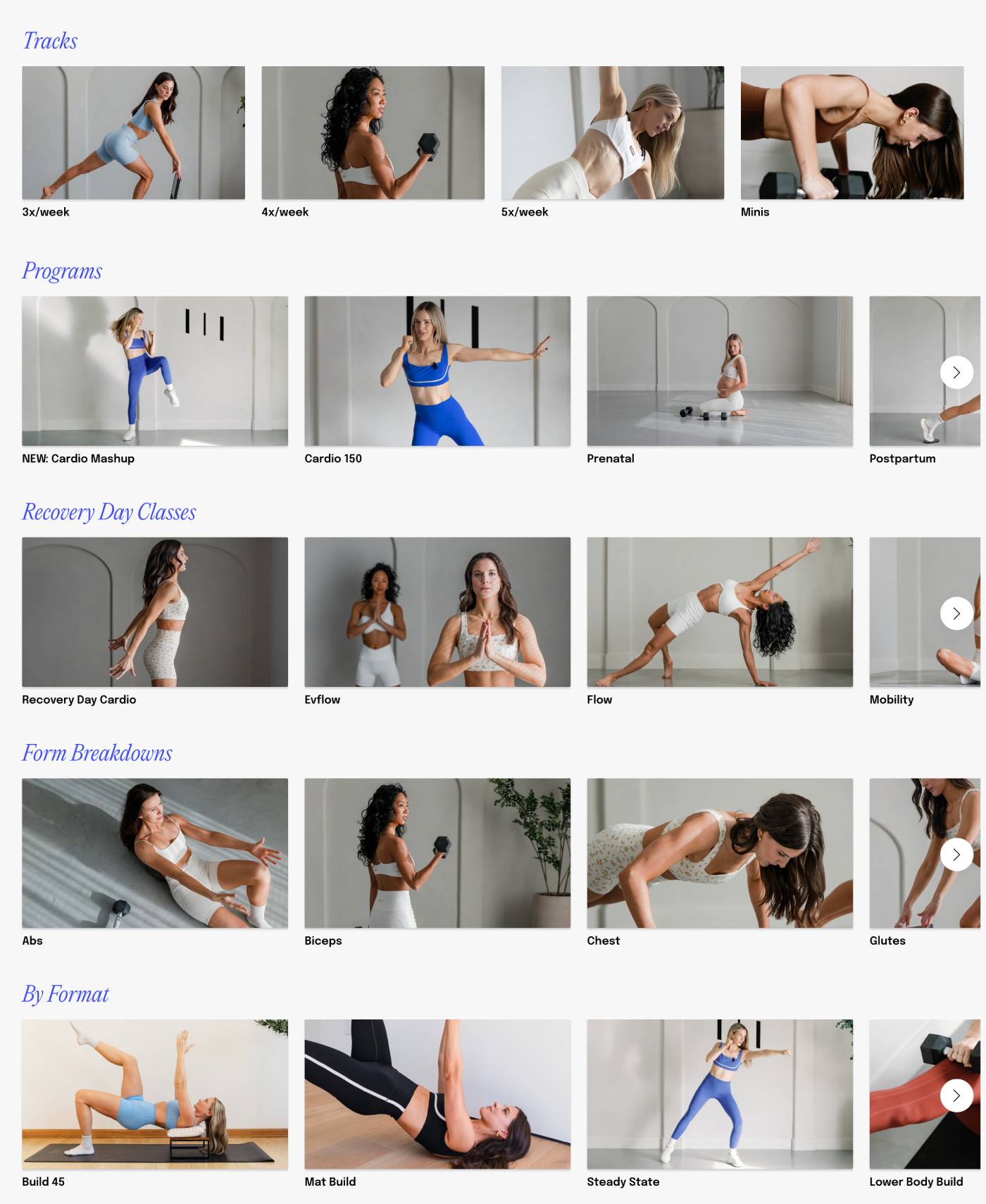 Evlo Fitness workout library showing evidence-based strength training classes designed for women in perimenopause