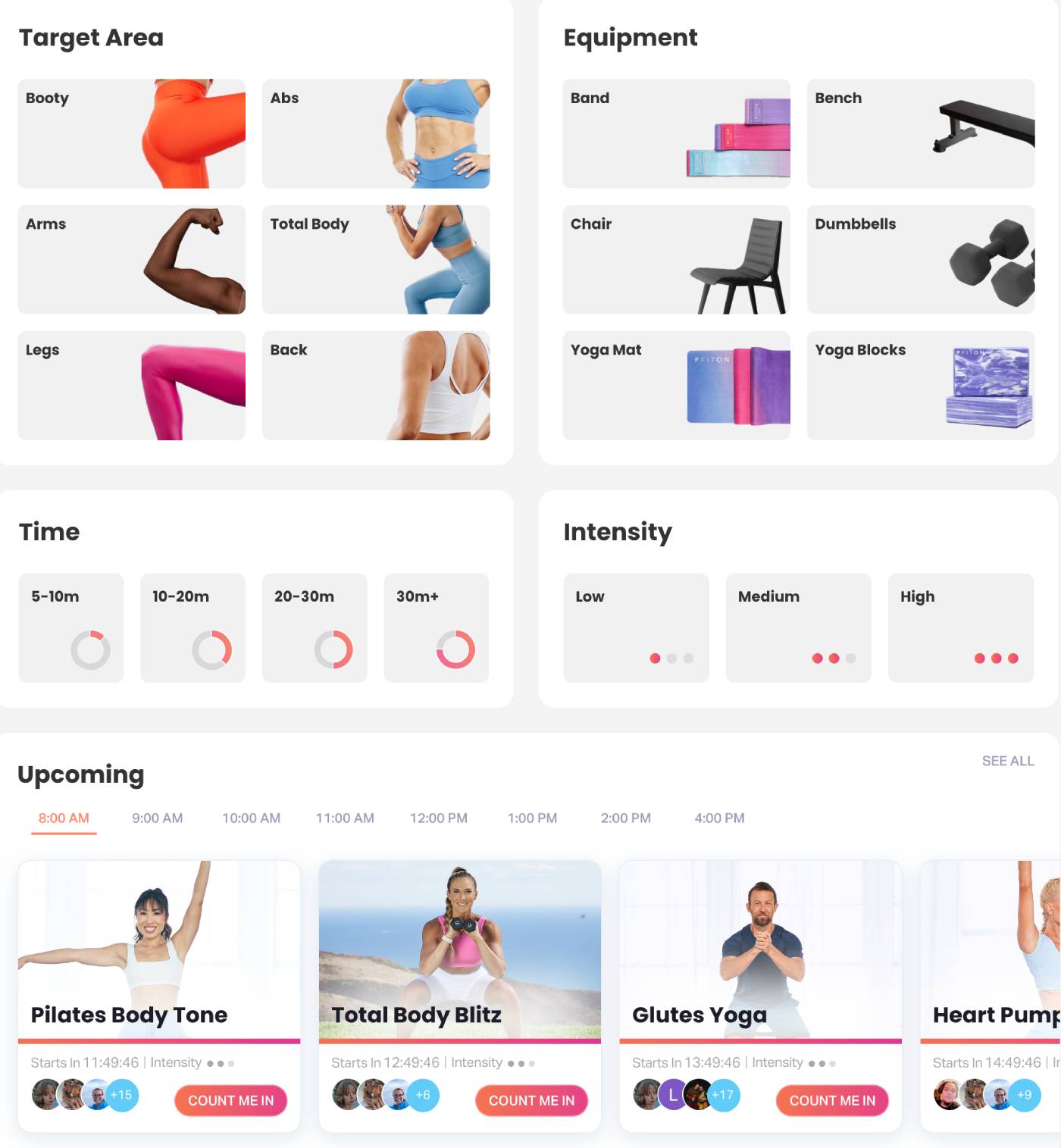 FitOn workout filter by duration, intensity and type helping women over 40 find low-impact classes