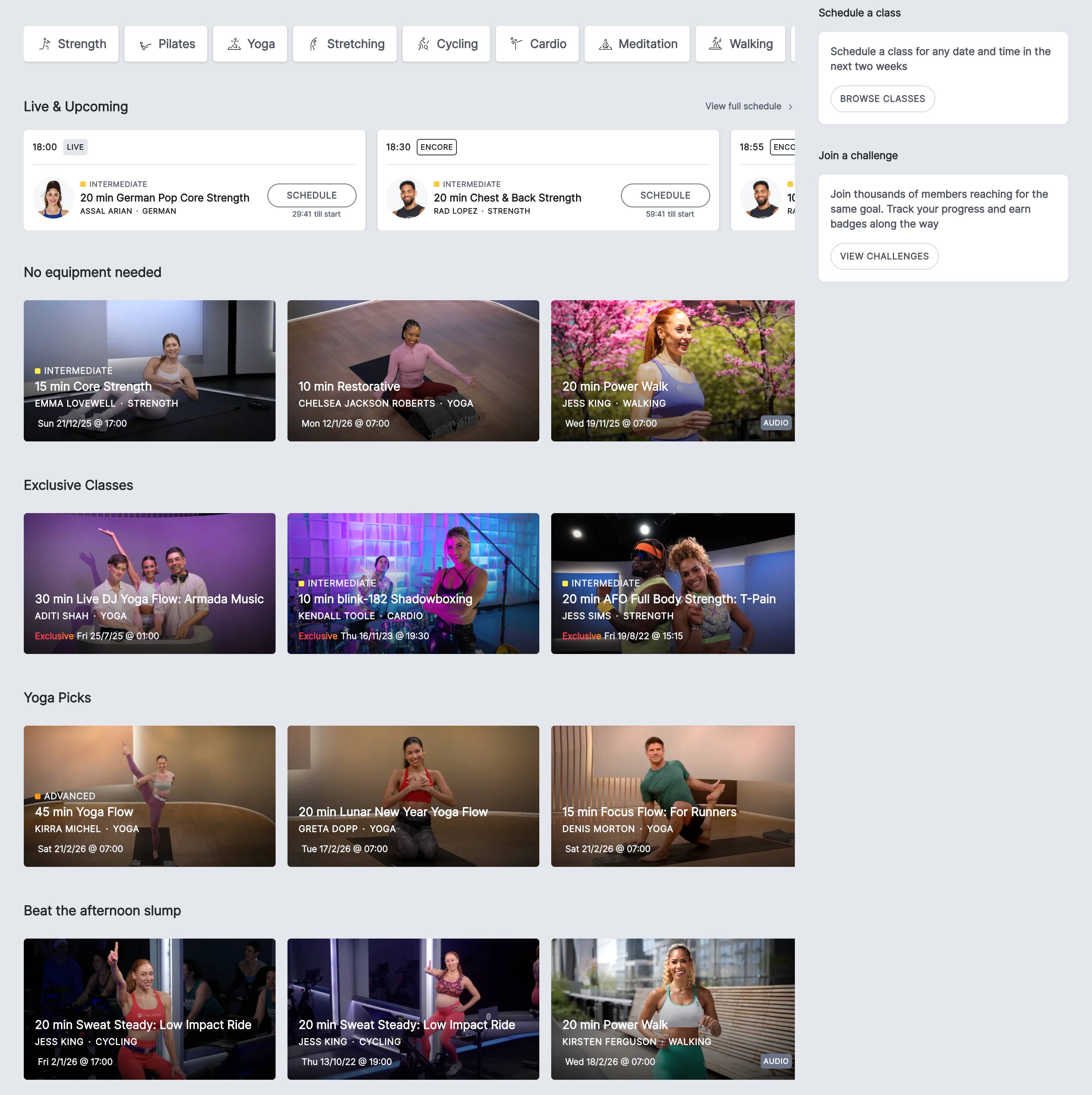 Peloton app workout dashboard showing diverse class library including strength, cycling and yoga for women over 40