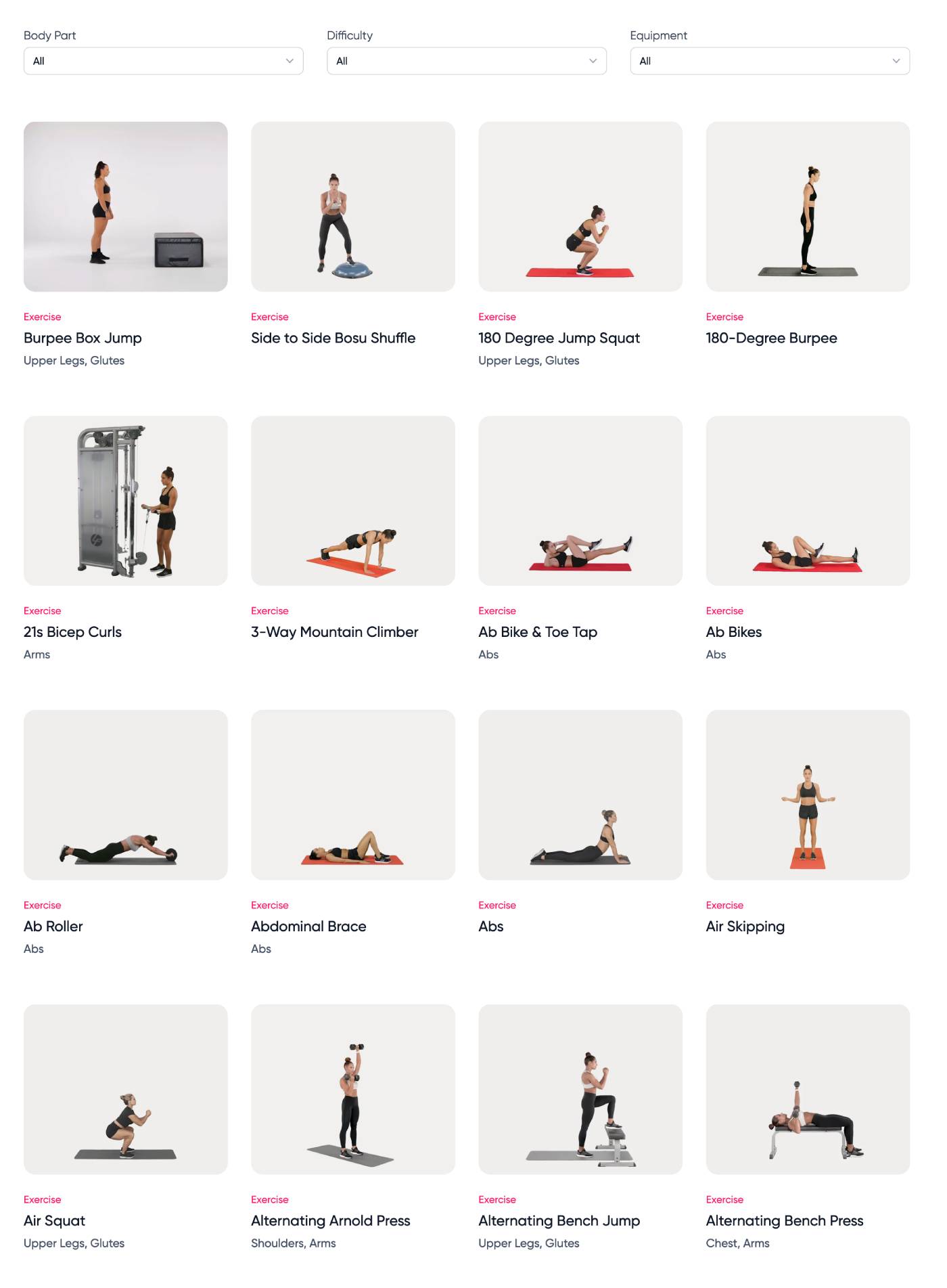 Sweat App exercise library with detailed movement demonstrations for women training at home or gym