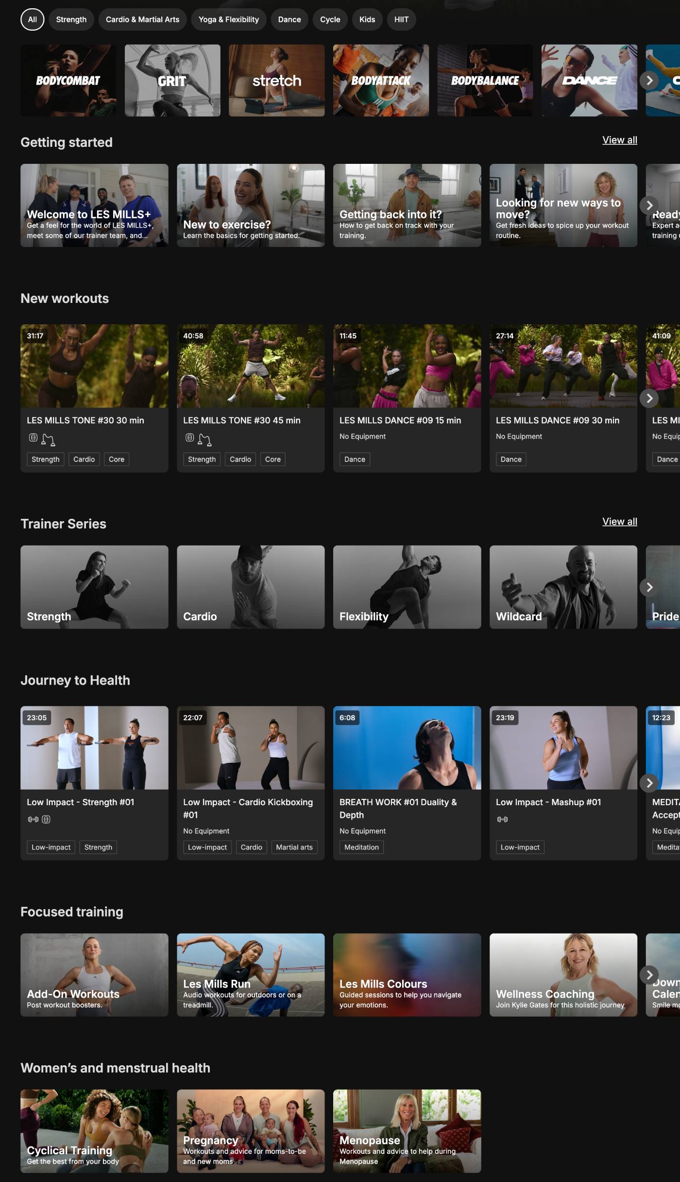 Les Mills+ app dashboard showing workout schedule, programmes and class library for women over 40