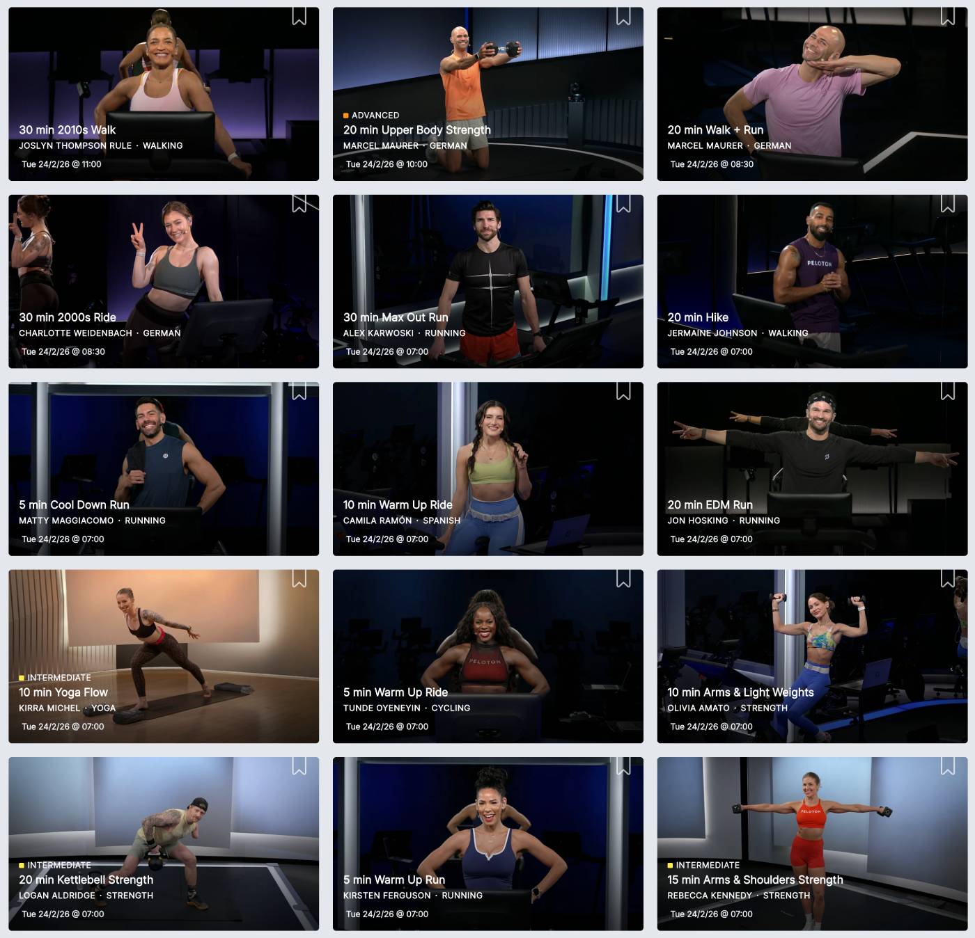 Peloton app workout class browser filtered by type, instructor and duration for women over 40